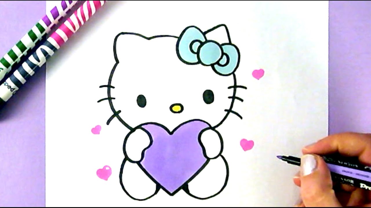 HOW TO DRAW HELLO KITTY WITH LOVE HEARTS | EASY DRAWING TUTORIAL