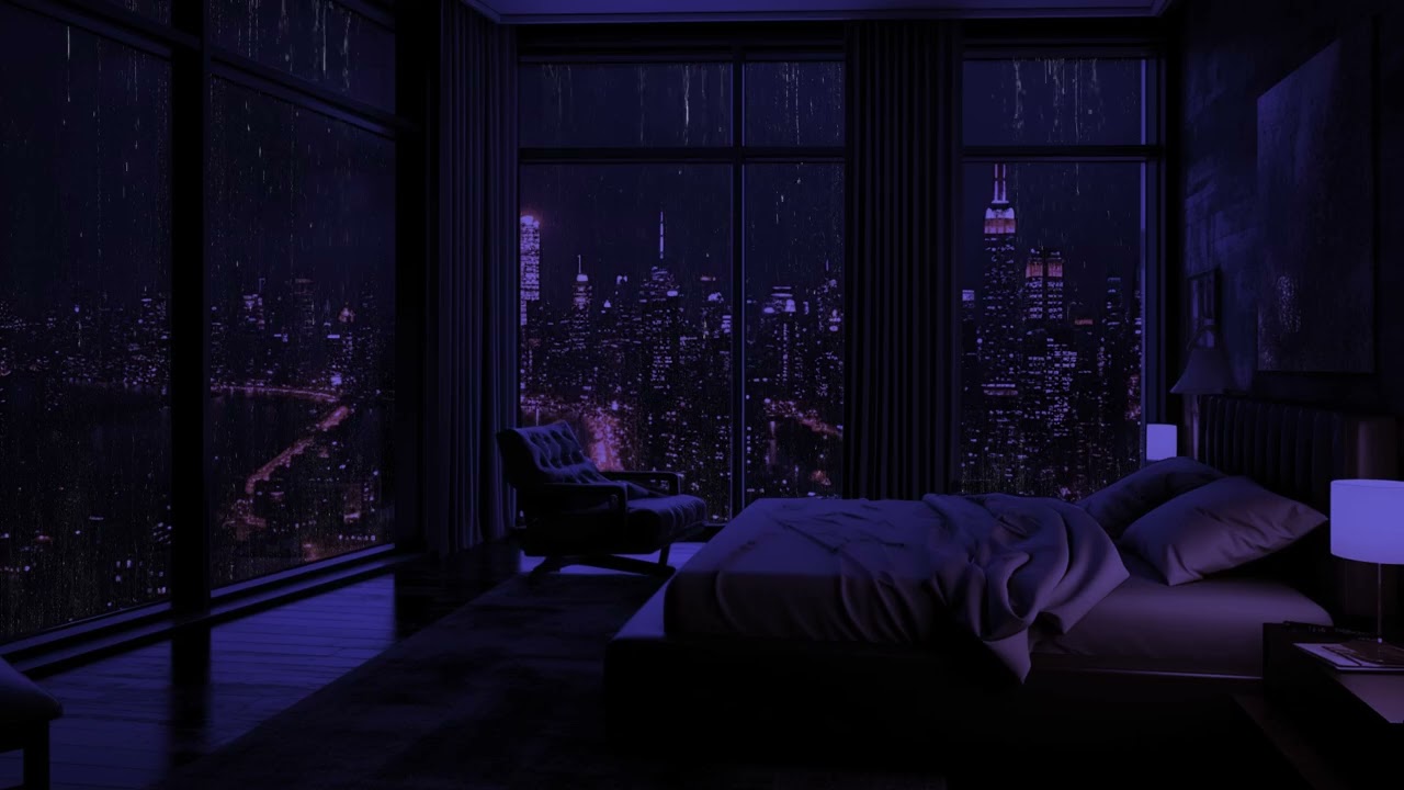 Regnerische Nächte: Gemütliche Schlafzimmeridylle bei starkem Regen und nächtlichem Stadtblick 🌧️🌙💤