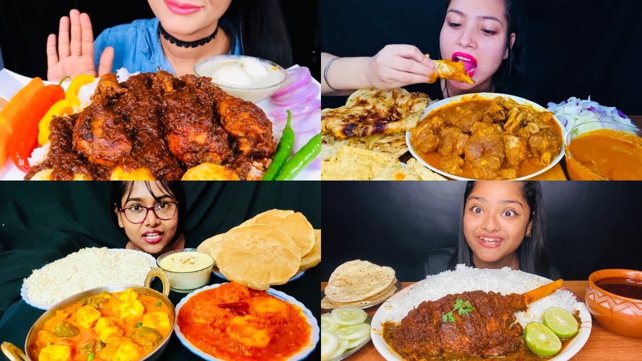 ASMR EATING SPICY CHICKEN MUTTON LEG🤤 DUM ALOO PANEER MIX VEG WITH PURI AND PARATHA 