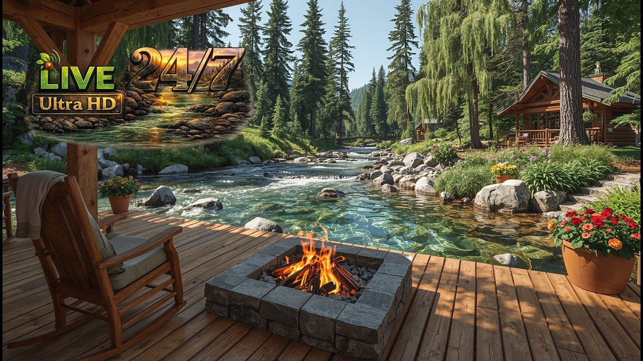 🌿 Relaxing Forest River & Piano 🎹 Cozy Cabin Fire 🔥 Peaceful Nature Live