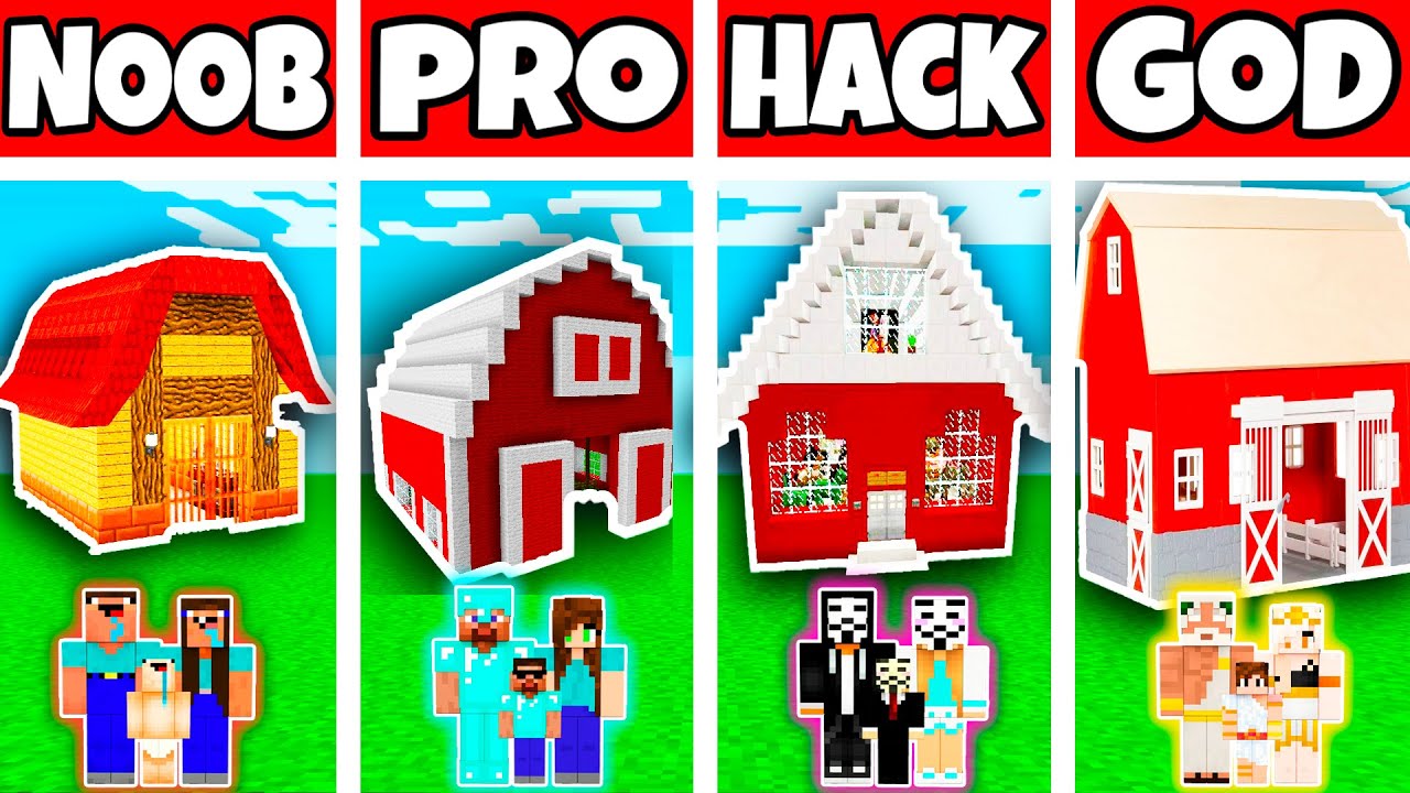 Minecraft: FAMILY WOODEN FARM HOUSE BUILD CHALLENGE - NOOB vs PRO vs HACKER vs GOD in Minecraft