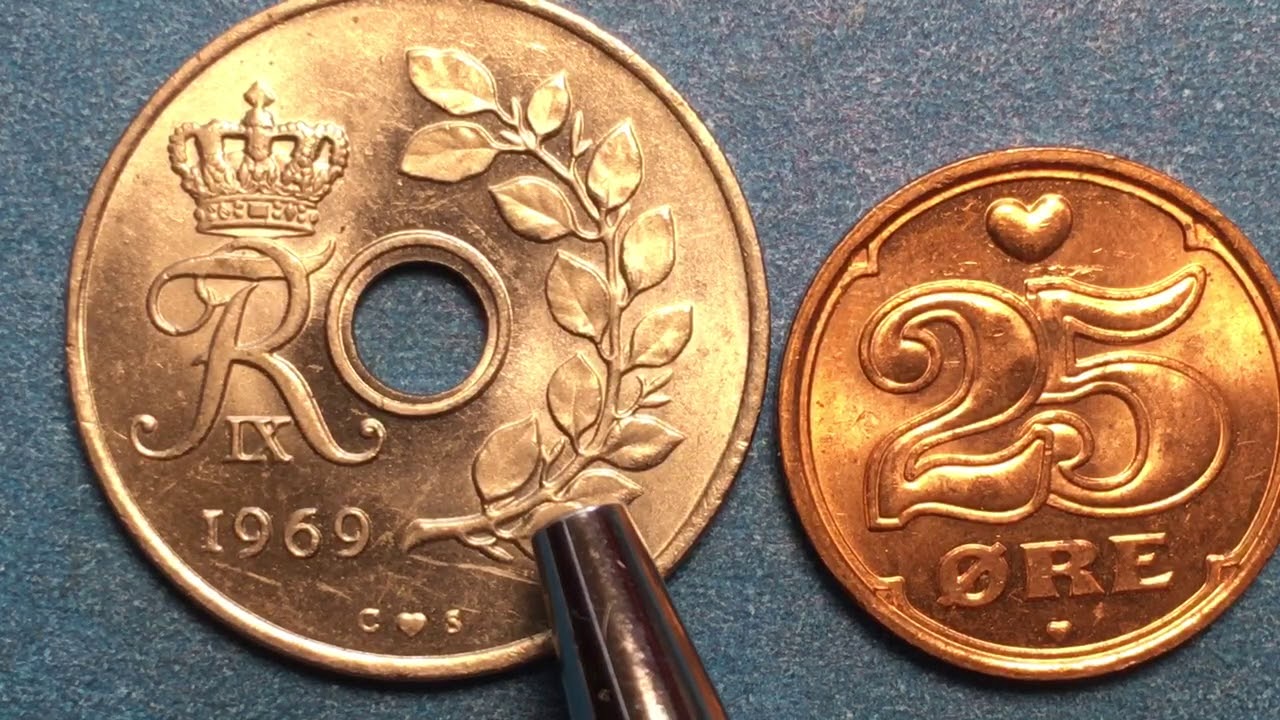 Denmark 25 Ore Coins 1969 and 2004 Danmark