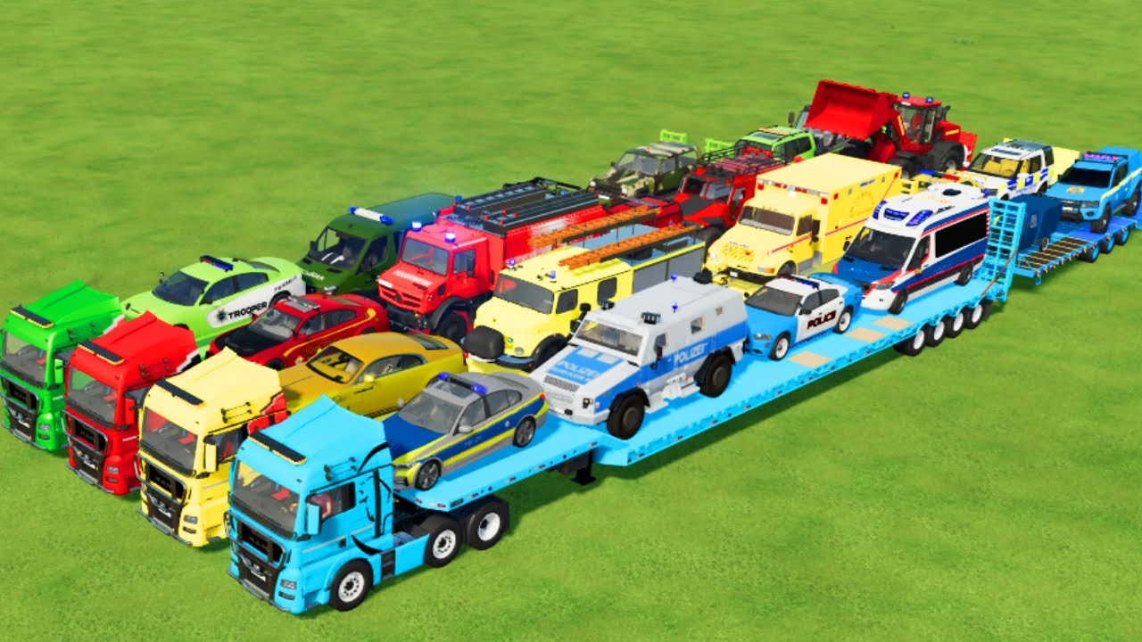 LOAD & TRANSPORT CARS, AMBULANCE, FIRE TRUCK, POLICE CARS, JEEP, BUS - Farming Simulator 22