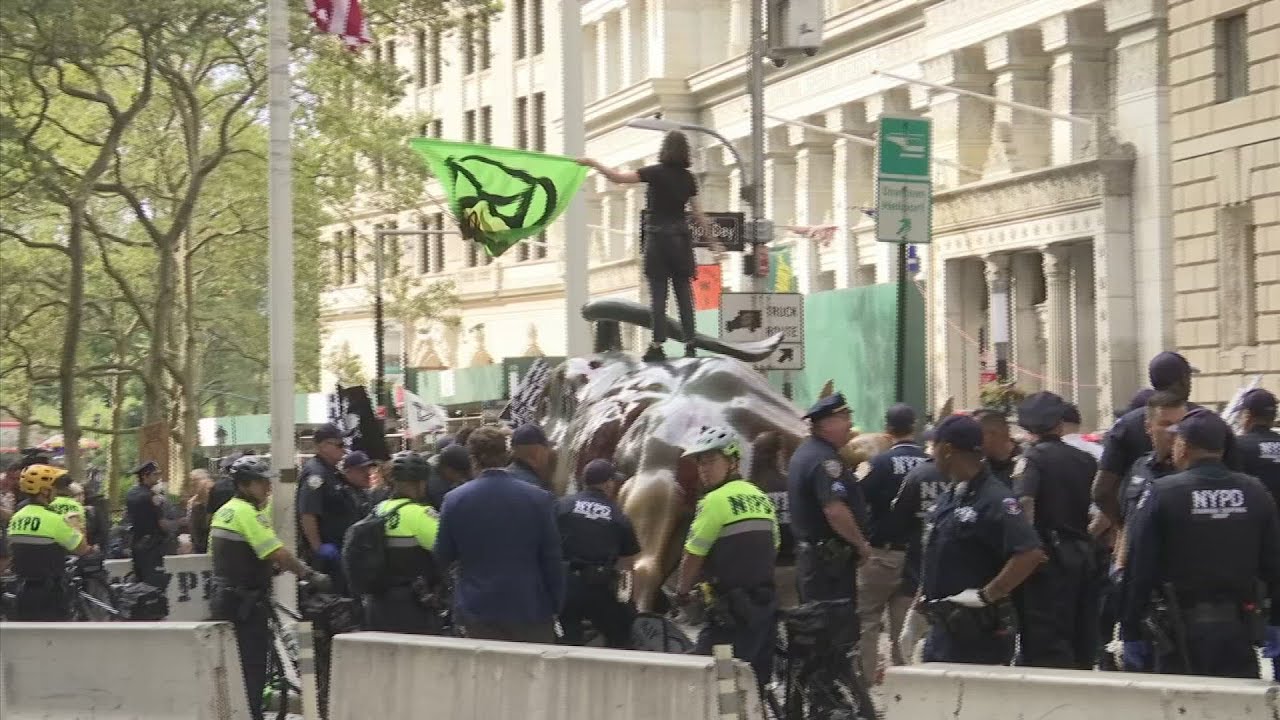 Protestors pour fake blood on NYC bull statue