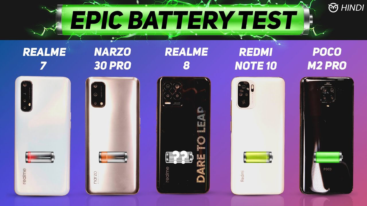 Realme 8 vs Redmi Note 10 vs Poco M2 Pro, Narzo 30 Pro Battery Drain Test | Charging | Gaming Test