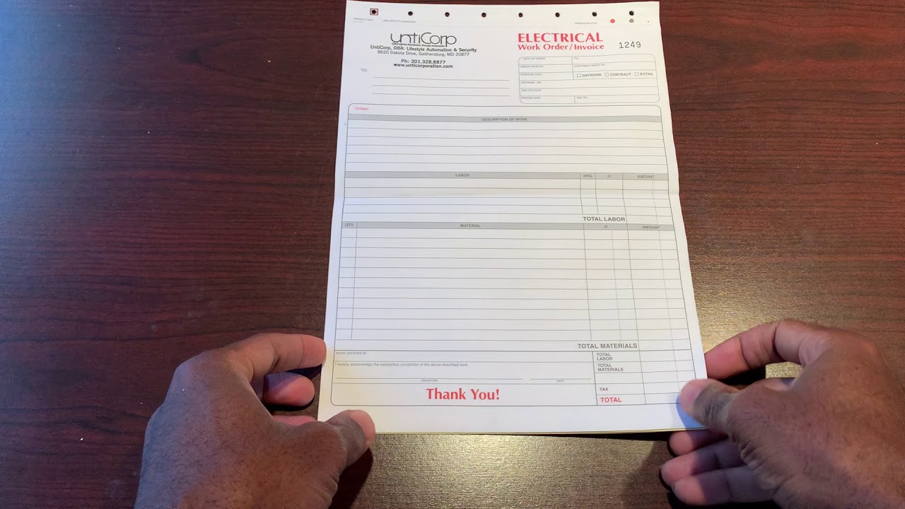 Electrical Work Order/Invoice - 3-Part Carbonless Form, Preprinted, Personalized
