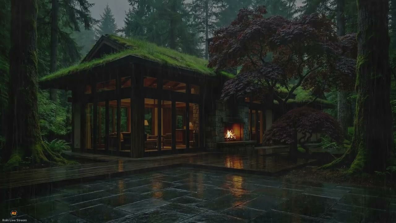Cosy Rainy Night, Fireplace and Soft Thunder for Mental Quiet in a Highland Retreat Forest Cabin