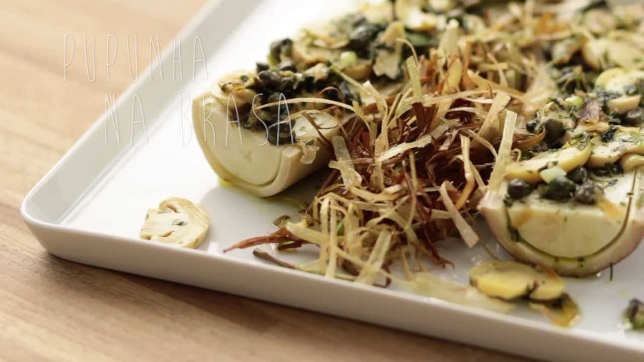 Pupunha na brasa ao molho de alcaparras e alho poró (Portal Estrada Gourmet)