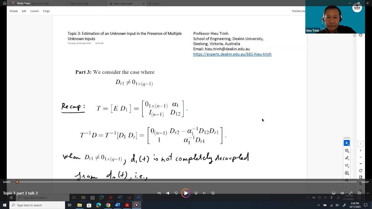 Topic 3 (part 3 of 6): Estimation of an Unknown Input in the Presence of Multiple Unknown Inputs.