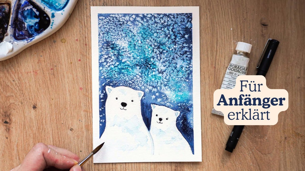 Aquarell Eisbären malen mit Salz - Einfache Anleitung für Winterbild
