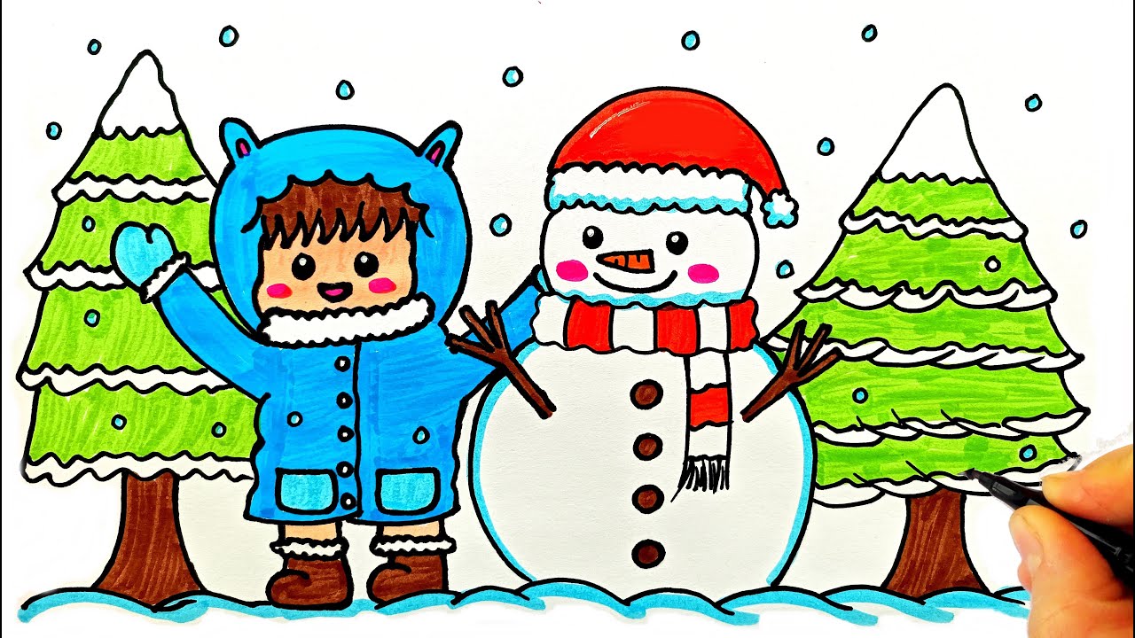 Kardan Adam ve Çocuk Çizimi - Kar Resmi Çizimi - Kar Manzarası Çizimi - How To Draw a Winter
