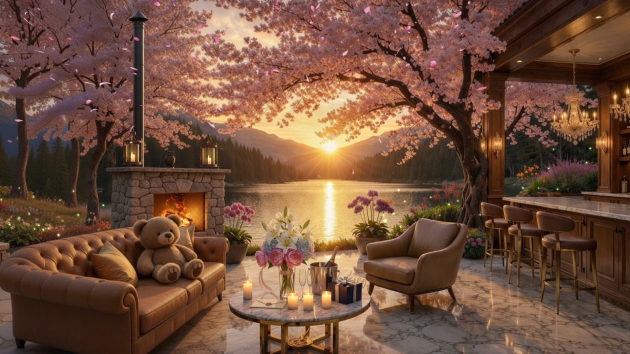Spring Jazz by the Fireplace 🌸 Cherry Blossom Sunset by the Lake | Relax, Work & Study