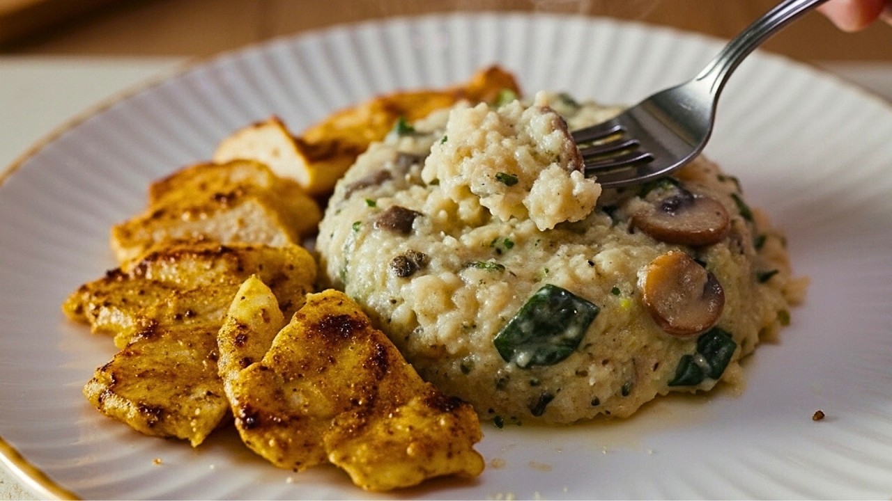 Risotto z kalafiora bez ryżu - low carb obiad z kurczakiem, pieczarkami i szpinakiem 🥦🍗🍄