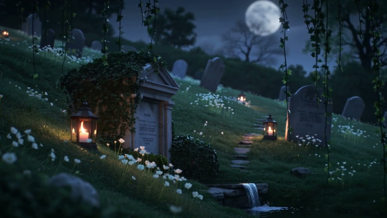 Hidden Spring Graveyard at Night | Dark Academia | Peaceful Candlelit with Nighttime Sounds