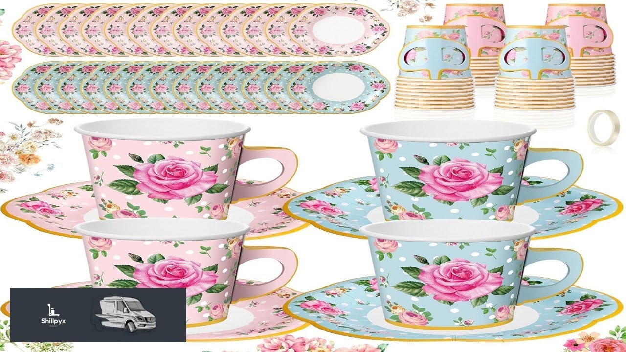 Umigy 36 Sets Tea Party Decorations Floral Paper Tea Cups with Handle