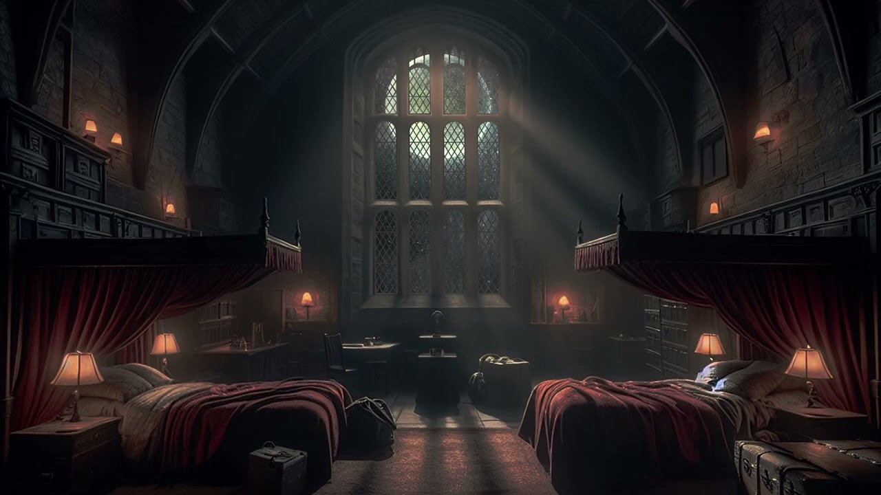 Magic School Red Dormitory Rain Sound On Window with Thunder Sounds for Sleep