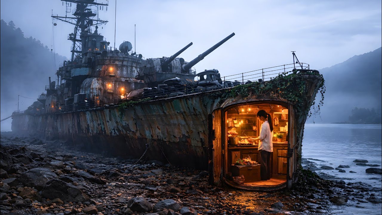 A Young Japanese Woman Built a Cozy Seafood Home Inside an Abandoned Rusted Warship on Shore (ASMR)