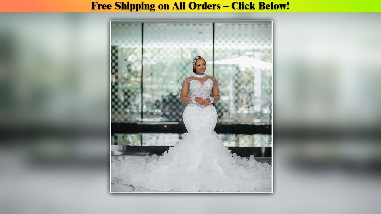 Customized High Neck Sparkly Crystals  Beads  Wedding Dress for Bride Illusion  Long Sleeves