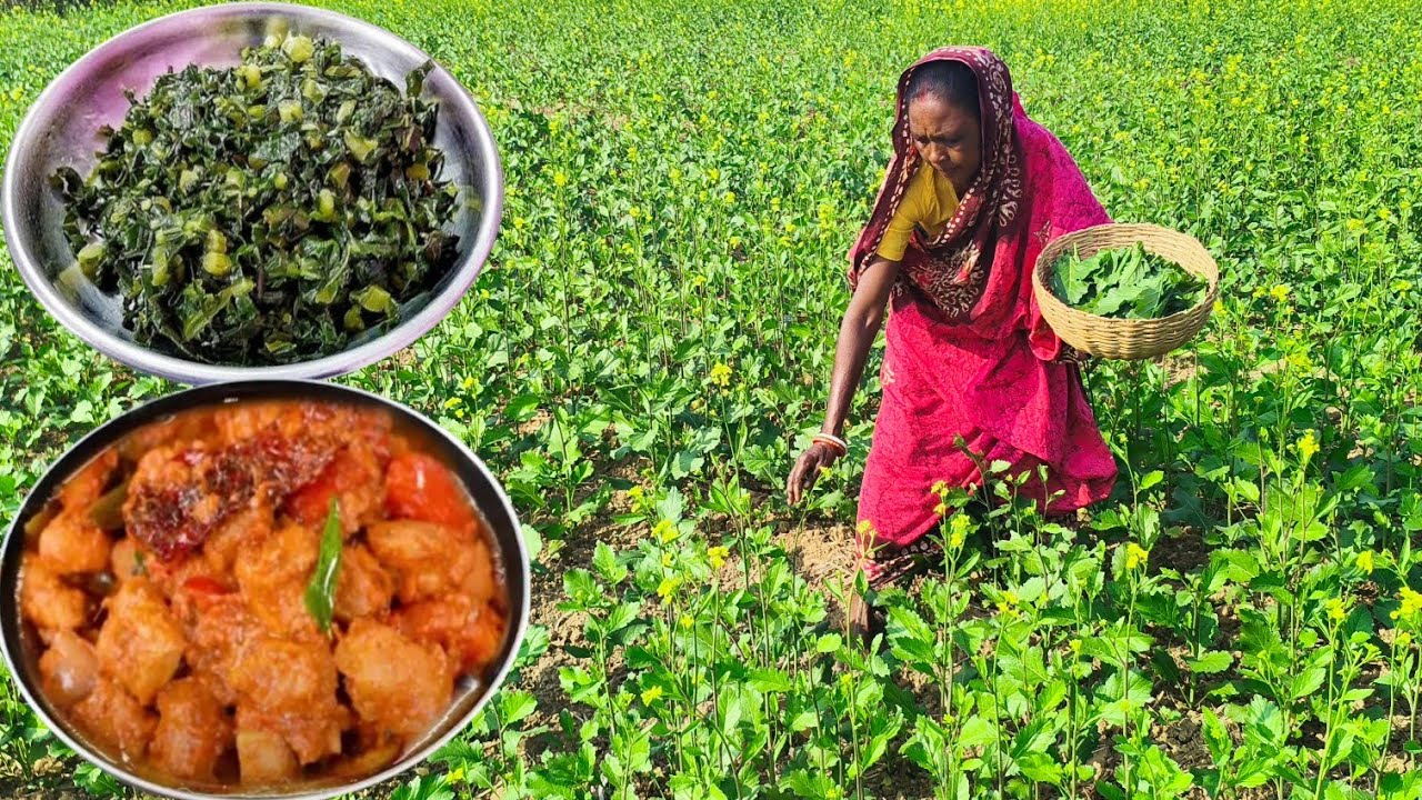 rural mother MUSTARD LEAVES collect making cooking and EGG SOYABEN curry for lunch.