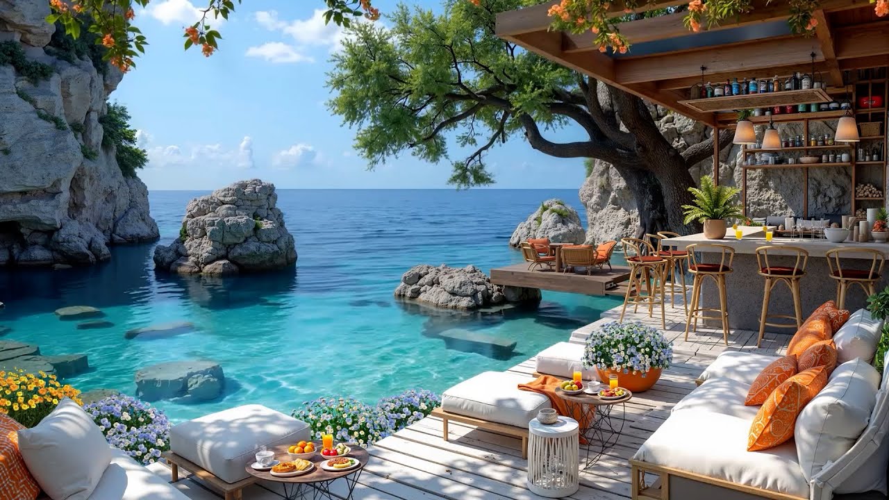 Elegant Bossa Nova Jazz & Ocean Sounds at Morning Seaside Cafe Ambience for Relaxing and Working