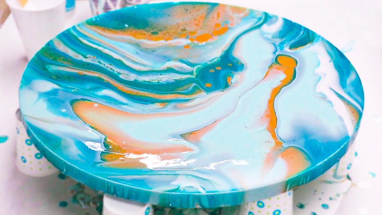 (691) Mesmerizing Funnel Pour Art on Circle Canvas! *gold & turquoise*