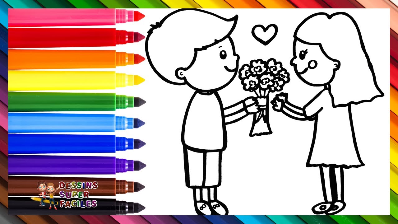 Dessiner Et Colorier Un Garçon Offrant Des Fleurs À Une Fille 👦💖💐👧🌈 Dessins Pour Enfants