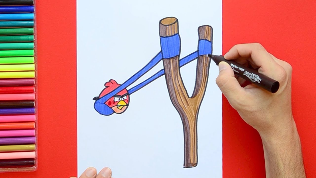 How to draw Red Angry Bird on Slingshot