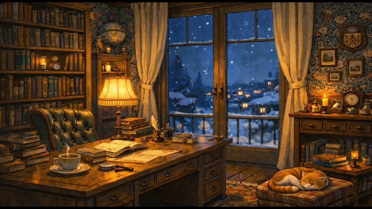 Cozy Winter Study Night 📚❄️ Vintage Library Ambience with Soft Snowfall & Candlelight