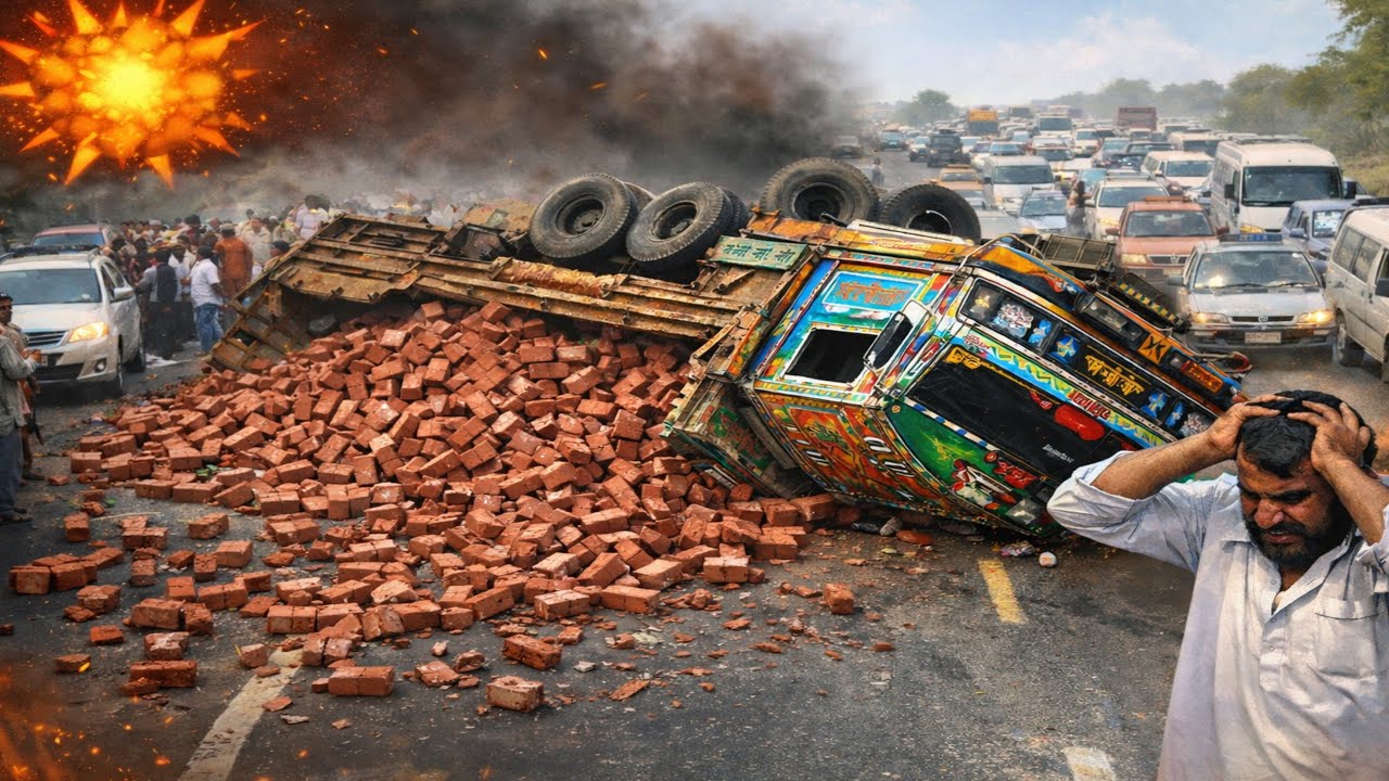 Out of Control Brick Truck Overturns on Highway // Massive Traffic Jam