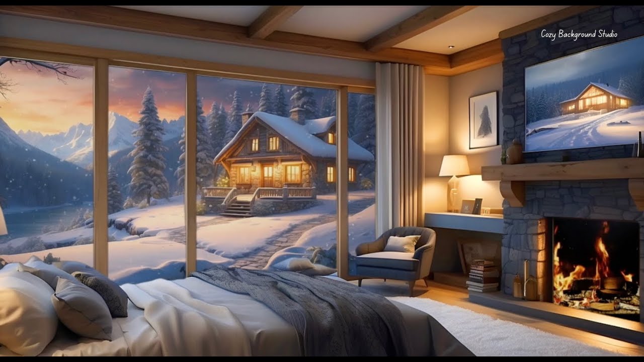 Cozy Winter Cabin ❄️🔥 Relaxing Jazz & Gentle Wind | Snowy Fireplace Ambience (2.5 Hours)