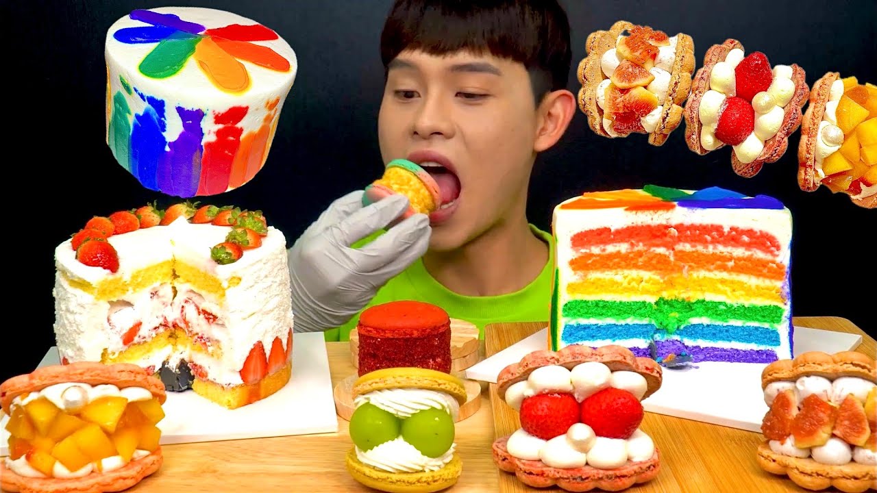 ASMR 딸기생크림케이크🎂 치즈파레트케이크 대왕뚱카롱 조개카롱 먹방~!! Strawberry Cake Rainbow Cheese Cake🌈 Big Macaron MuKbang!