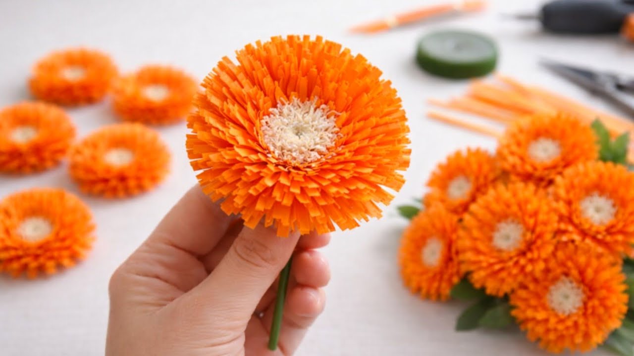 how to make marigold 🌼 flower from crepe paper / Easy crepe paper flower tutorial 