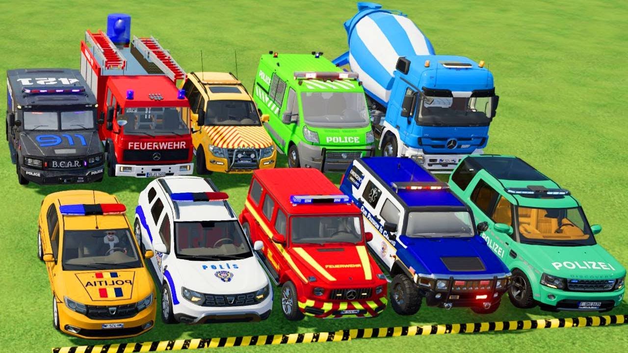 TRANSPORTING POLICE CARS, AMBULANCE, FIRE TRUCK, COLORFUL CARS WITH TRUCK  -FARMING SIMULATOR 22!