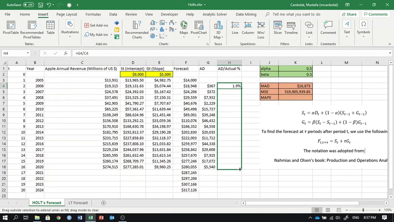 Forecasting for a Dataset with Trend: Holt's Double Exponential Smoothing Method using Excel.