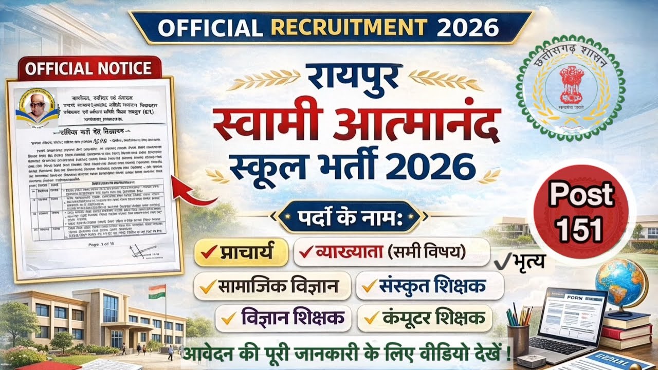 Raipur Swami Atmanand School Bharti 2026 | 151 Post | Teacher, Assistant Grad-3, Librarian, Peon