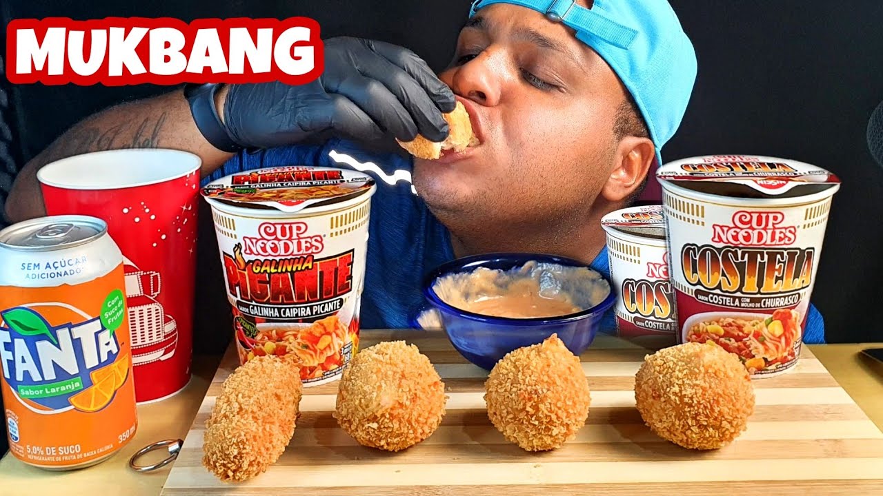 MUKBANG SALGADO DE PRESUNTO E QUEIJO CROCANTE, CUP NOODLES E FANTA LARANJA | SONS DE MASTIGAÇÃO