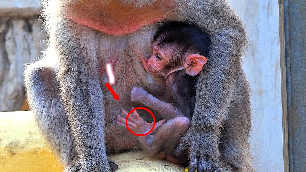 A newborn baby monkey was b/i/t/t/e/n on the leg by an insect while drinking milk.