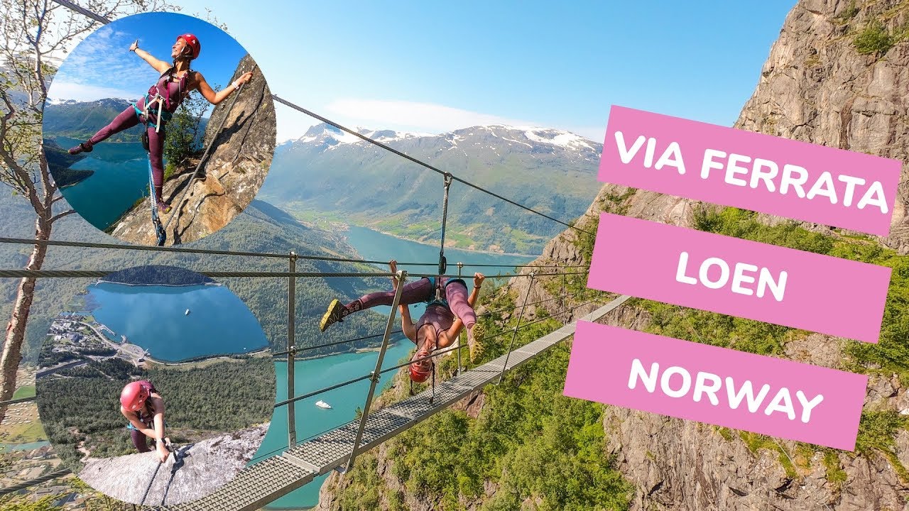 Balancing on a wire up in the air | Via Ferrata Loen