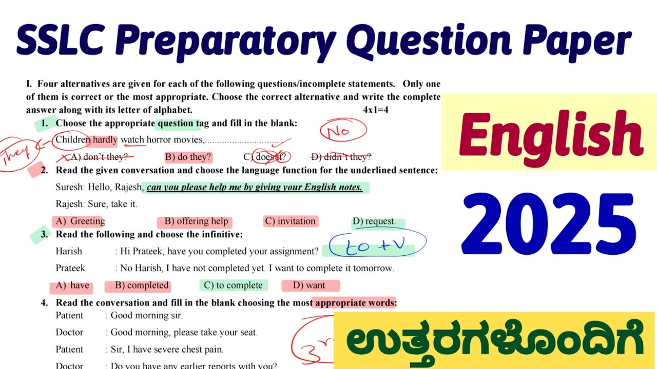 SSLC English Preparatory Exam Question Paper Answers Second Language 2025 Explanation SSLC Grammar