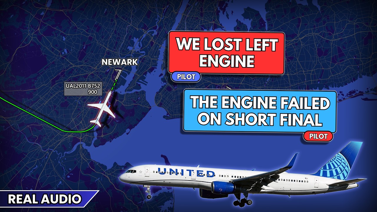 Engine failure on short final at Newark. United Boeing 757 lands single engine. Real ATC