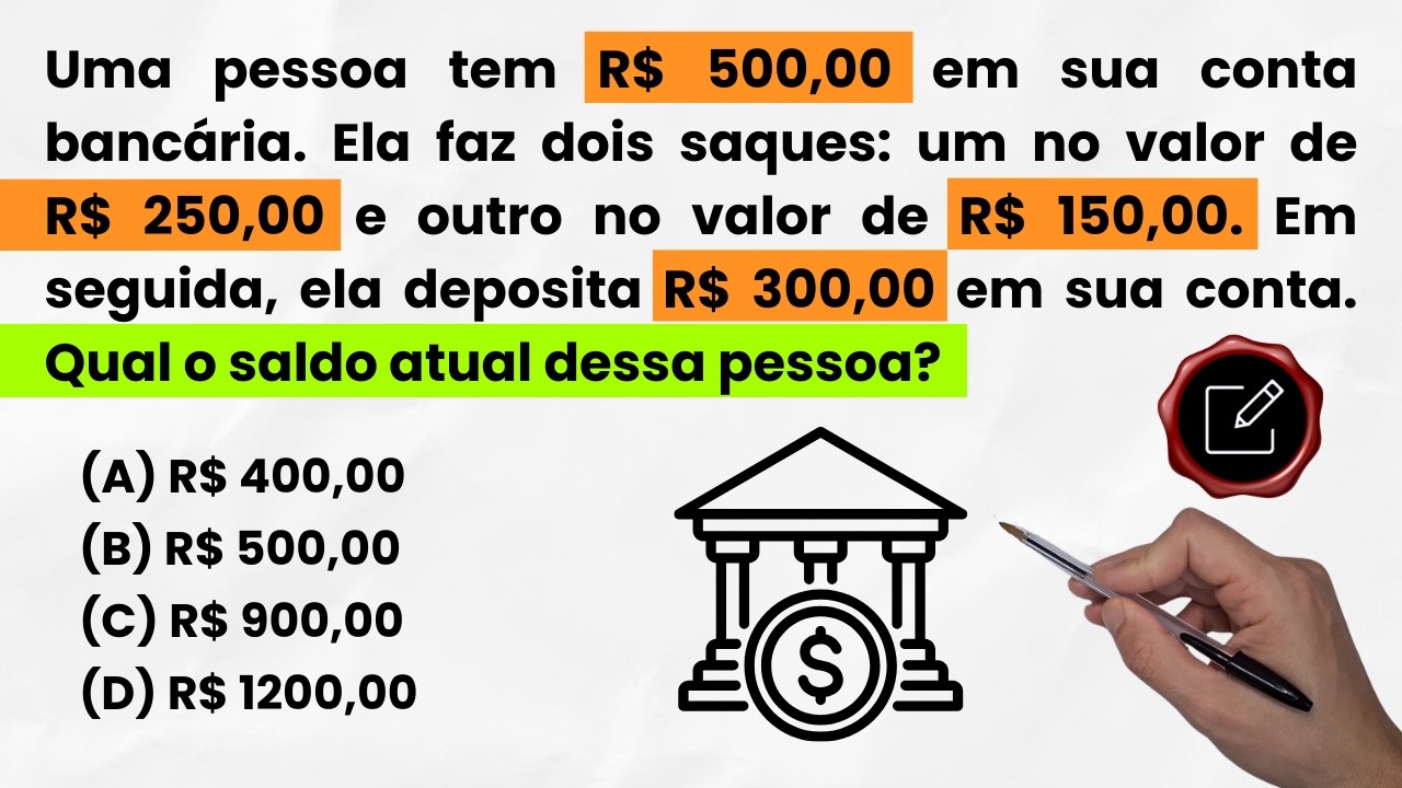 Saldo bancário: tinha R$500, sacou 250 e 150, depois depositou 300. Quanto ficou? 💰