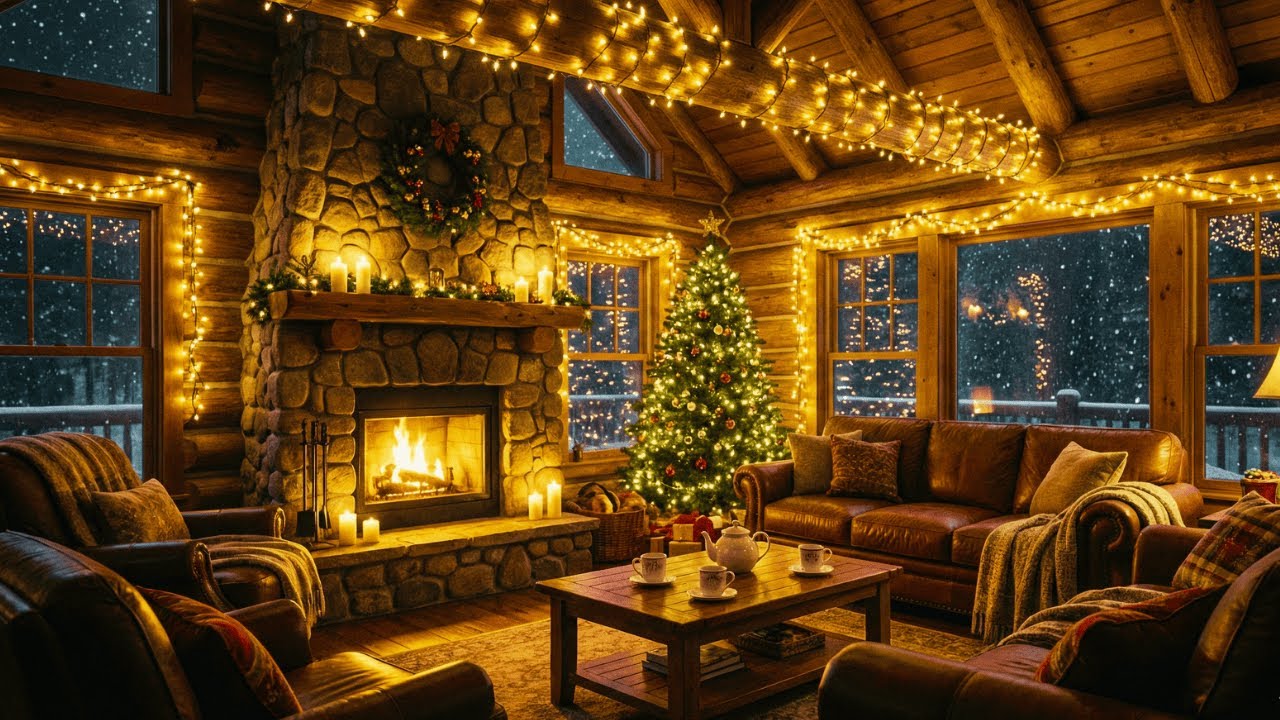 24/7 Cozy Christmas Cabin 🎄 Relaxing Instrumental Music with Fireplace & Snow