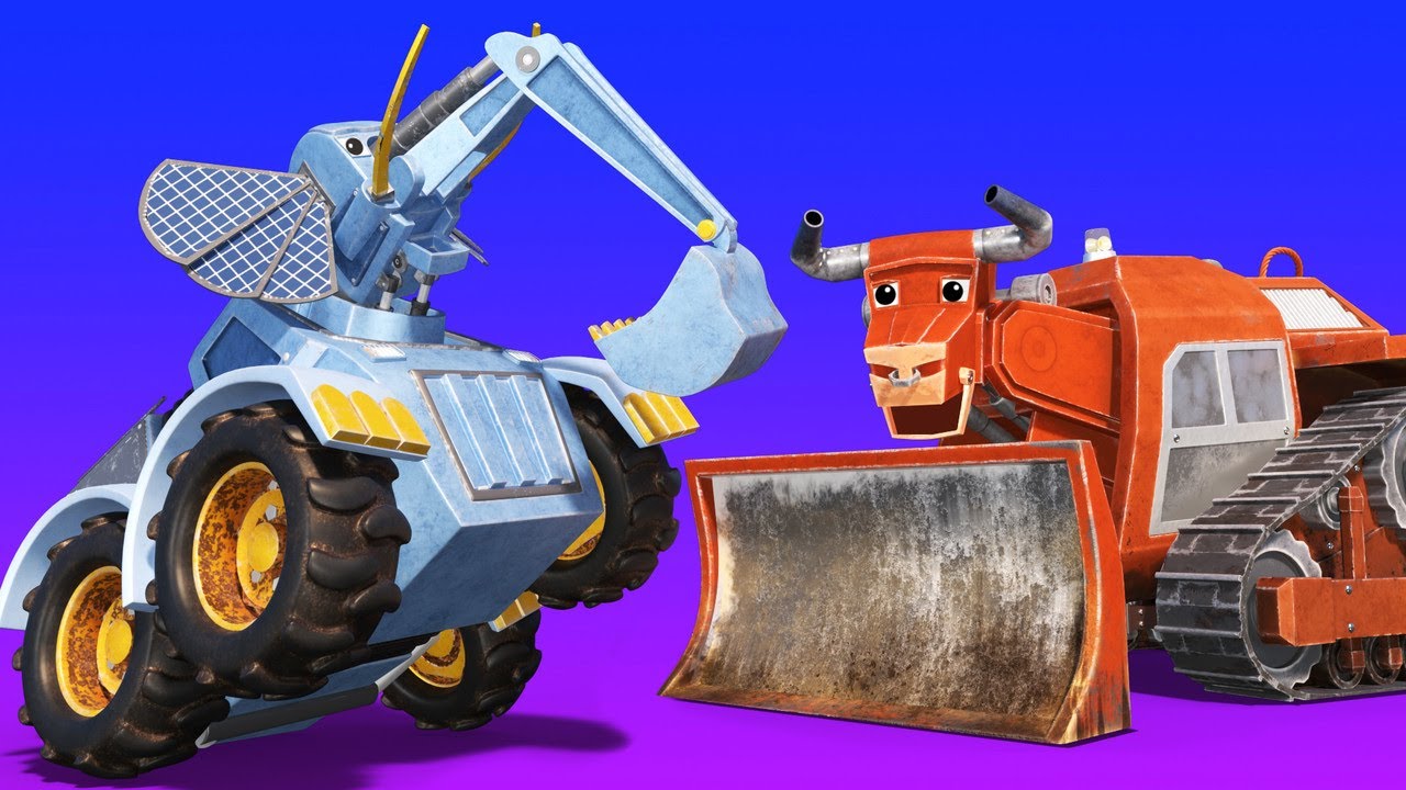 アニマカーズ - ブルドーザー雄牛とショベルカーぞう、野原で大暴れ - 子供向け　乗り物と動物のアニメ