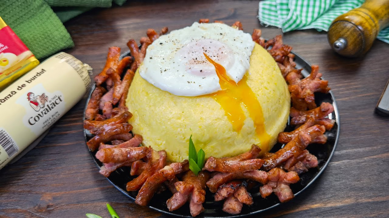 Mămăligă umplută cu brânză de burduf, cârnați afumați și ouă ochiuri