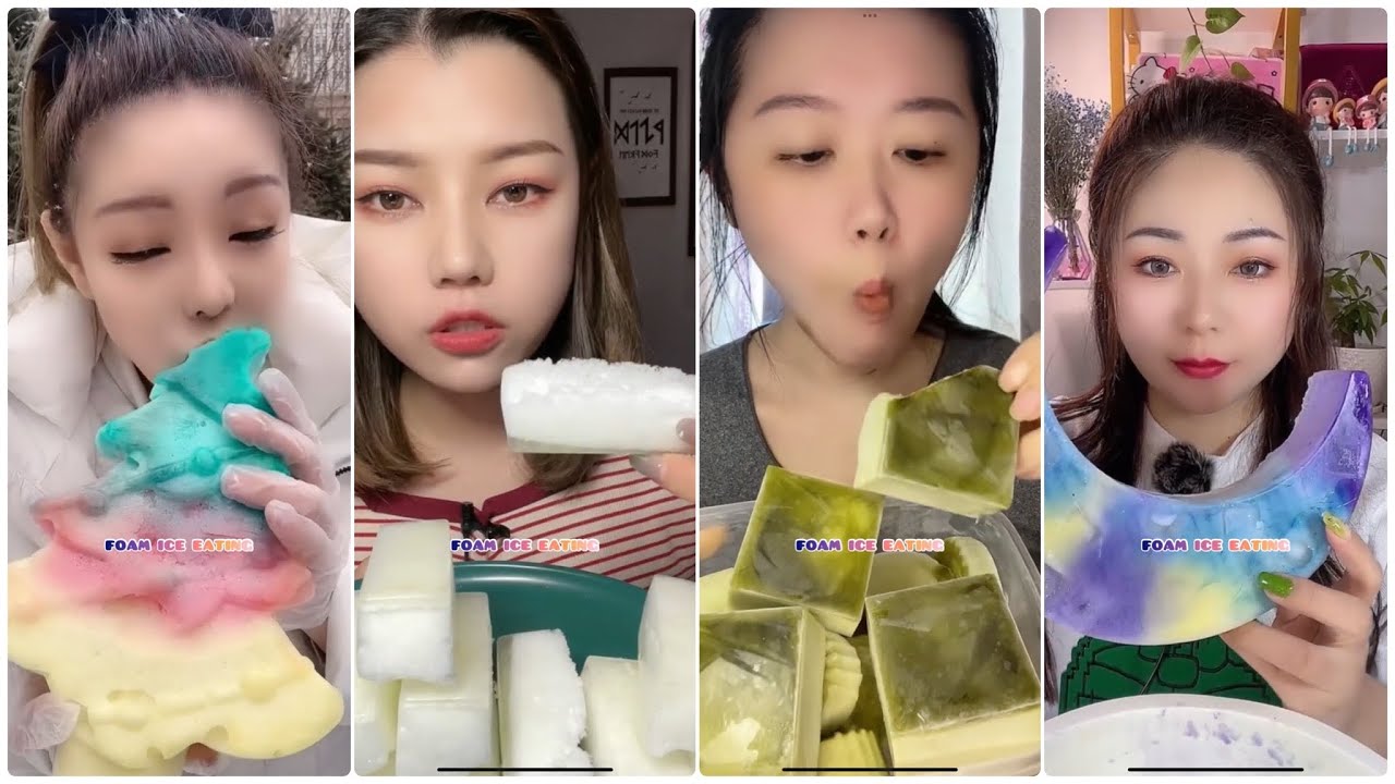 [ASMR] 7- COLORED FOAM ICE EATING 💜💚 & POWDERY CRUNCHY ICE EATING & YUMMY 😋 3