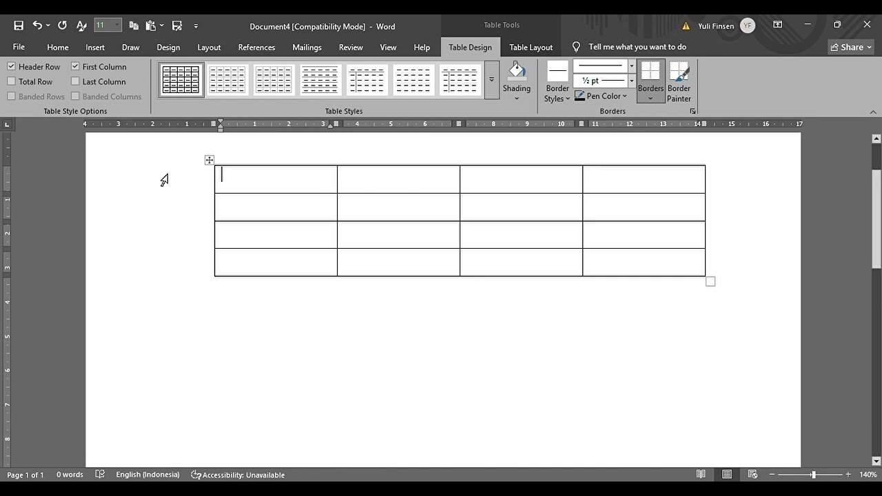 Ms.Word dan sisipkan tabel berukuran kolom 3 baris 2