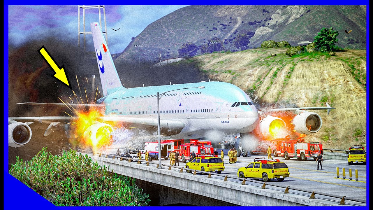 Huge Airplane Airbus A380 Lands on Bridge After engine fire GTA 5 FILM