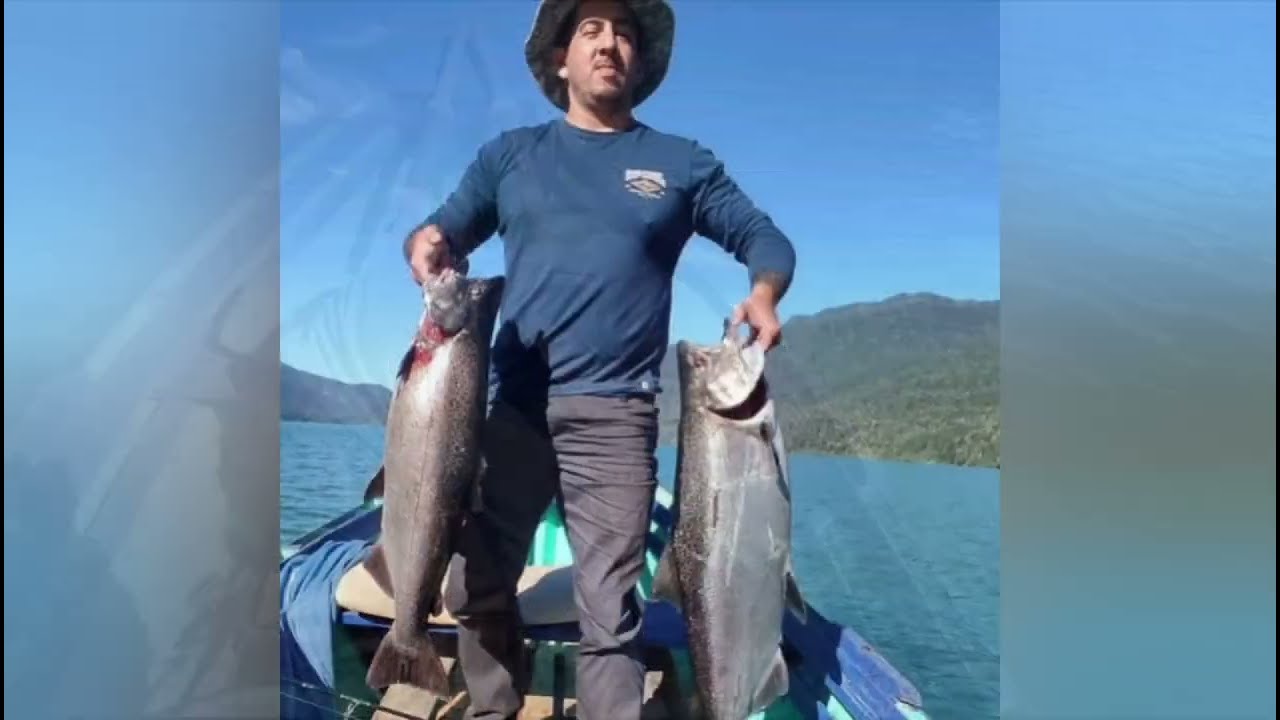 pesca de Salmón Chinook en lago neltume, Panguipulli, Chile.