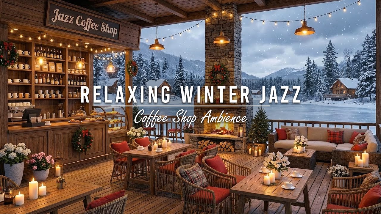 Cozy Coffee Shop Ambience & Relaxing Winter Jazz Music ⛄ Warm Crackling Fireplace for Stress Relief