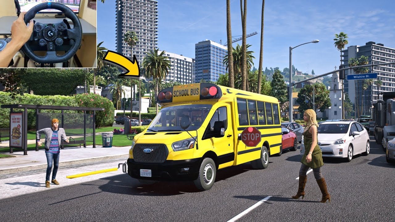 GTA 5 Lets Go To Work as Mini School Bus Driver in Los Santos - Steering Wheel Gameplay